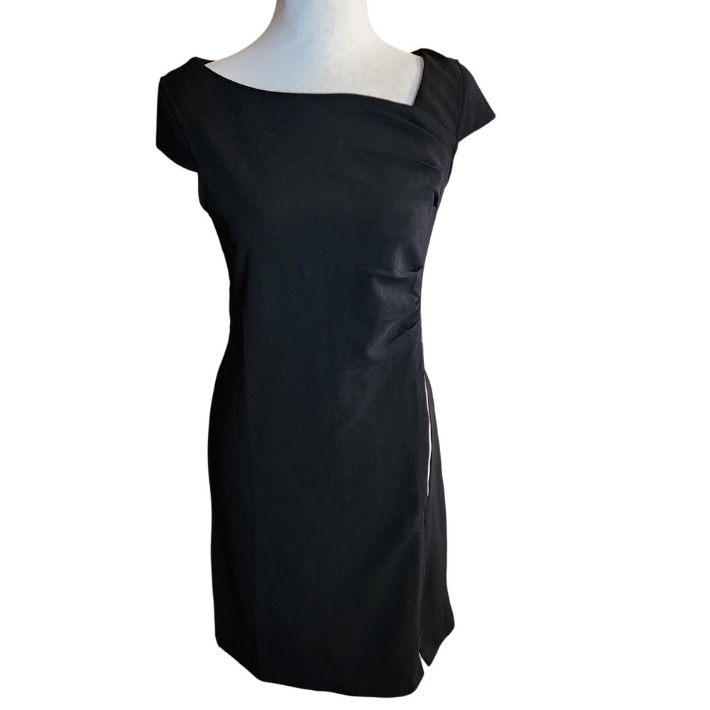 NY Collection Black Asymmetrical Sheath Dress Cap Sleeve Gold Zip SCD3806 PM